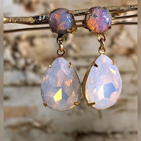 Pink Opal Flower And Fire Opal  Crystal In Drop Down Earrings - Picture 2 of 5